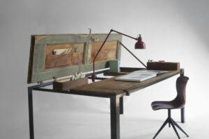 Indoor Green handmade table from mid-1900s pine doors and iron frame.