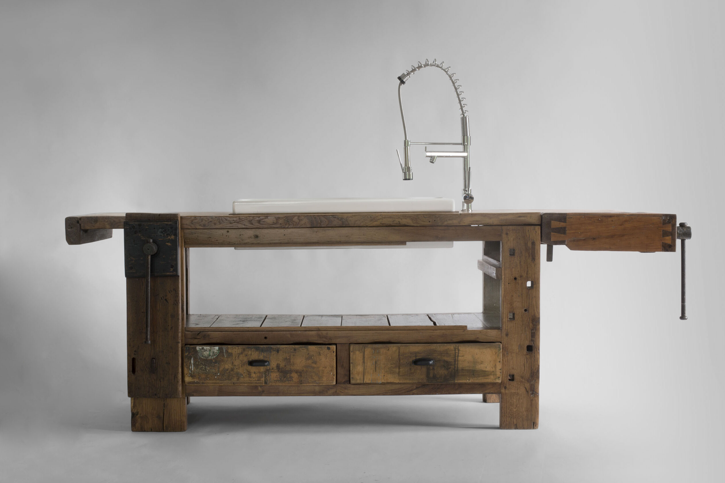 side view of authentic elm workbench preserved in every element
