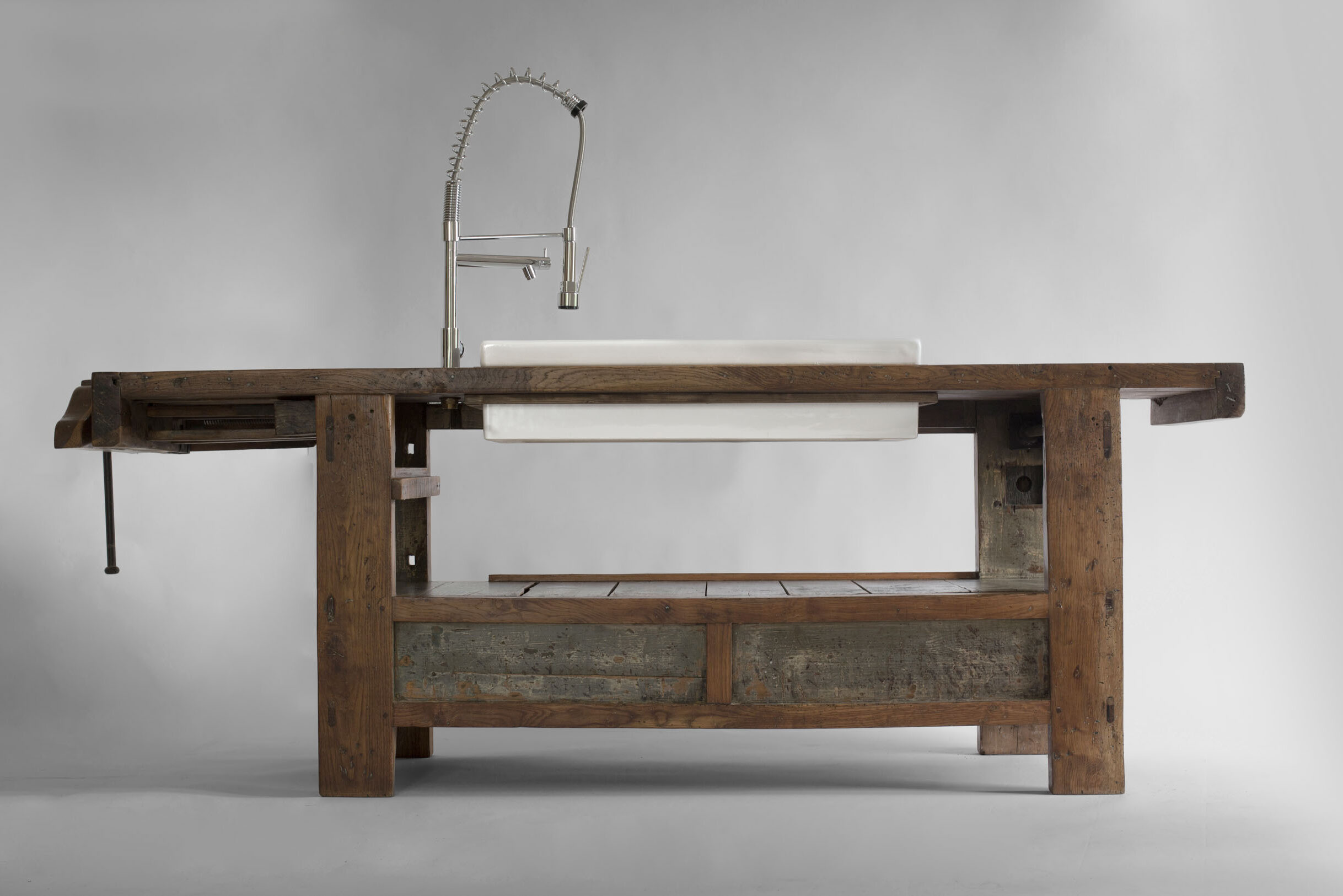 elm kitchen worktable used as a freestanding island