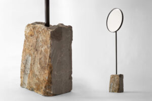 floor standing mirror with grey marble featuring natural yellow inclusions