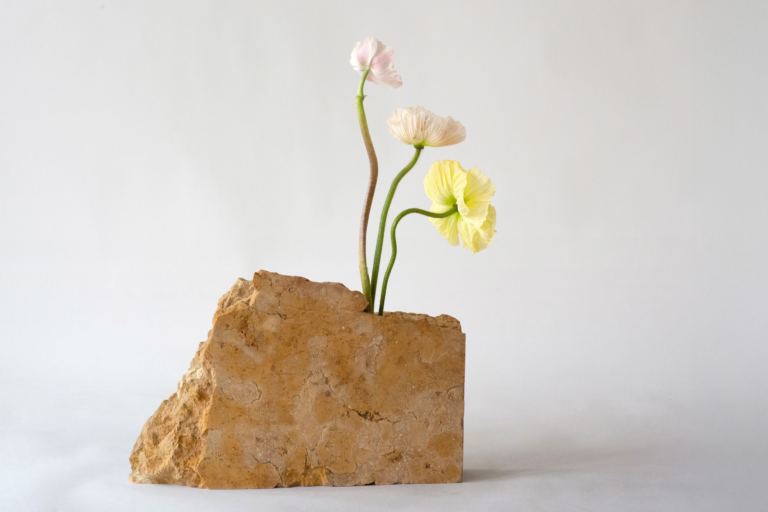 Nembro Giallo marble vase with flowers emerging from carved top opening