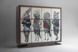 Perspective view of Vestiario Bestiario with closed sliding panels forming anthropomorphic animal figures hand-painted by Ericailcane on walnut veneer cabinet